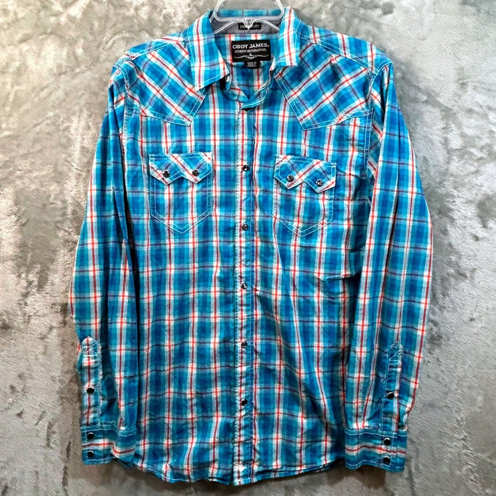 Cody James Mens Blue Orange Plaid Western Pearl Snap Shirt Regular Fit Size M
